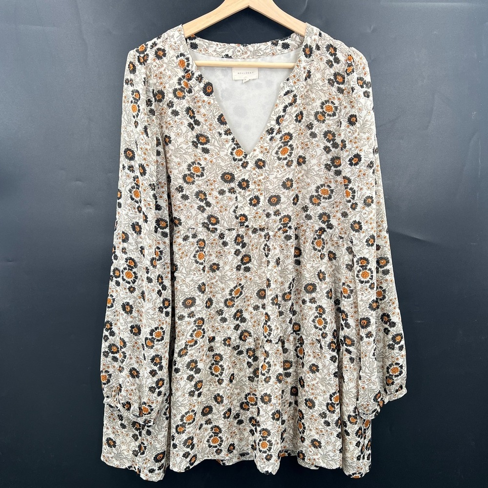 Melloday peasant babydoll tunic top blouse floral boho hippy flowy cottage XL